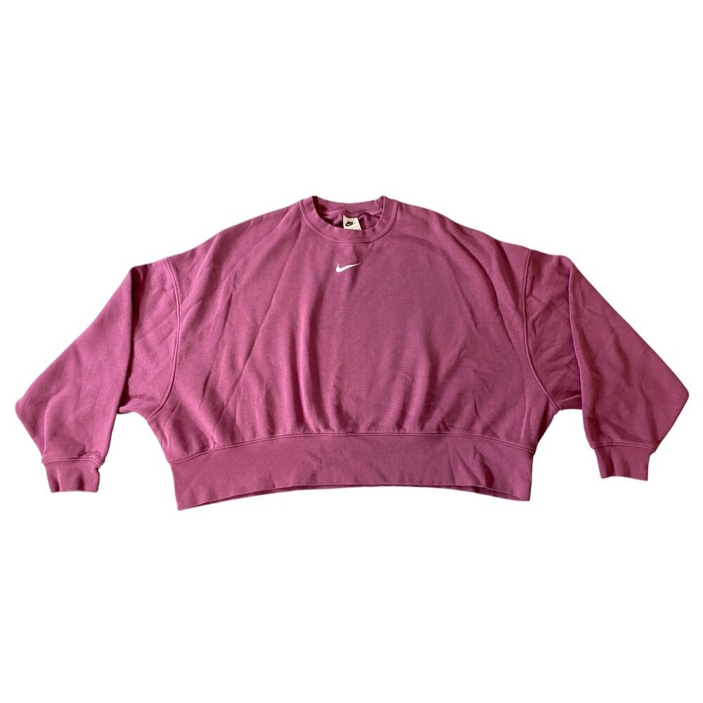 Nike Oversized Cropped Crew Neck Pullover Fleece Sweatshirt Magenta Large - Picture 2 of 8
